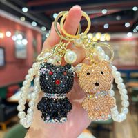 Gantungan Kunci Beruang Bertabur Rhinestone dengan Rantai Mutiara, Bahan Zinc Alloy, Cetak Letterpress, Aksesoris Liontin Tas Wanita yang Lucu