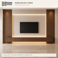 Meuble TV mural intégré moderne et minimaliste en bois massif, unité de rangement flottante en noyer chaud pour villa, OEM
