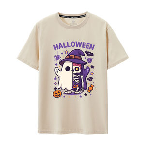 T-shirt tricoté à manches courtes col rond motif dessin animé Halloween (Fantôme, Citrouille) 100% Coton Respirant pour Hommes et Femmes - Product Image 4