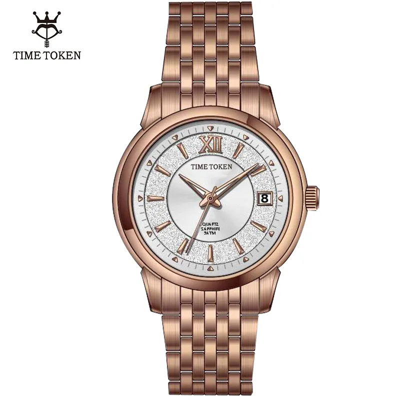 Time Token นาฬิกาข้อมือแฟชั่นรุ่น Rose Gold สำหรับสุภาพสตรี,นาฬิกาข้อมือระบบควอตซ์แซฟไฟร์กันน้ำมีปฏิทินทำจากสเตนเลสสตีล