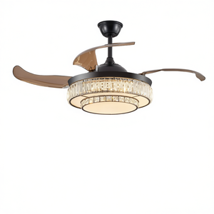 Ventilateur de plafond LED contemporain en cristal, 48 pouces, 4 pales, moteur DC, télécommande, encastré en fer noir - Product Image 1