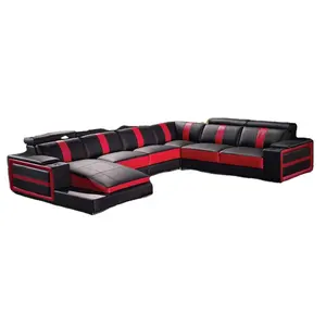 Canapé en cuir, grande taille, design élégant, couleur rouge et noir, pour le salon