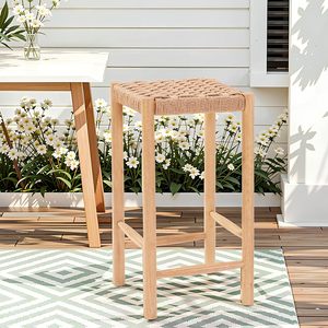 Modern Industrial <b>Bar</b> <b>Stools</b> Kraft Paper Cord Seats Rubberwood Legs <b>Adjustable</b> Feet for Home Hotel Dining Bedroom Set of 2 - Product Image 3