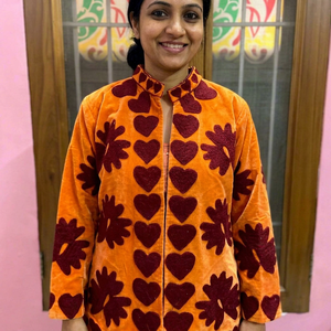 Blouson bomber pour femme en velours épais orange, écologique, rembourré de soie, brodé, avec col montant et manches longues - Product Image 1