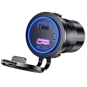 QC3.0 Pengisi Daya Cepat Mobil, 3.0 Pengisi Daya Mobil PD 12V/24V 36W Sakelar ON/Off Voltmeter USB-C untuk Kapal Laut Sepeda Motor Truk Golf Cart