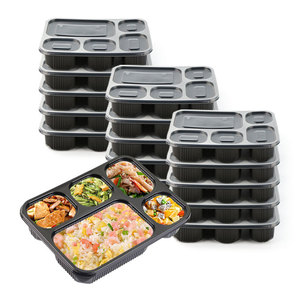 Microwave 4 Compartment Plastic Food Container Disposable Black Bento Takeaway Box Meal Prep Food Containers