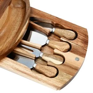 Wooden <b>Cheese</b> Board With Cutlery <b>Set</b> Round Serving Tray For <b>Cheese</b> Fruit Vegetables And Crackers Durable Portable Design - Product Image 4