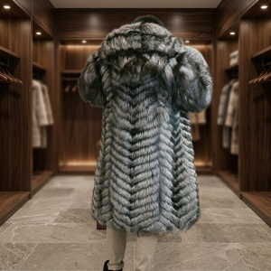 Men's & Women's Warm Luxury Fluffy Collar <b>Waterproof</b> Reversible Genuine Silver Fox Fur Overcoat Coat - Product Image 2