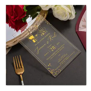 2021 özel avrupa moda lüks şeffaf akrilik düğün davetiyeleri kabartma ile Minimalist tasarım akrilik düğün davetiyesi