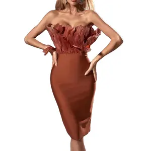 Yeni orta uzunlukta avrupa ve amerikan moda dış ticaret elbise tüp devekuşu saç high-end mizaç bandaj elbise kadınlar