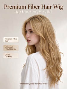 Peluca de cabello largo y ondulado de fibra rubia clara, suave y sedosa, con línea de cabello natural, para uso diario - Product Image 2