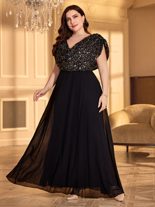 Abito <span class=keywords><strong>da</strong></span> <span class=keywords><strong>Sera</strong></span> Lungo in Chiffon Nero con Scollo a V, Maniche a Pipistrello e Paillettes per <span class=keywords><strong>Taglie</strong></span> Forti, Ideale per Cene, Matrimoni e Feste - Product Image 4