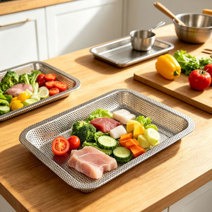 Bandeja de drenaje perforada de acero inoxidable, rectangular, para preparar y servir alimentos, para uso en la cocina. - Product Image 1