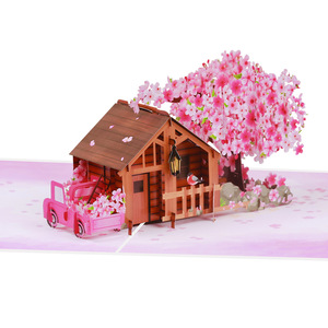 Tarjeta Pop-Up 3D de Papel Cortado con Láser con Diseño de Cabaña de Flores de Cerezo, Hecha a Mano, con Árbol de <span class=keywords><strong>Sakura</strong></span> y Color Rosa, Ecológica, para Bodas y Cumpleaños - Product Image 1