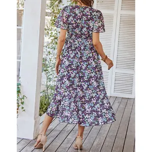 Individuelles OEM 2024 neuestes Design Sommer-Top Verkauf Kurzarm-Midi-Kleid Damen elegantes lässiges florales Maxi-Druckkleidungskleider