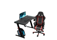 Bureau de jeu moderne en métal avec éclairage LED, surface en bois, poste de travail ergonomique pour joueurs avec système de gestion des câbles pour bureau à domicile
