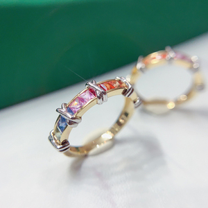 Aazuo 18K Solid Yellow <b>Gold</b> Rainbow Line <b>Cocktail</b> <b>Rings</b> Natural Sapphires Princess Cut Diamonds Pave Setting Luxury Wedding - Product Image 3