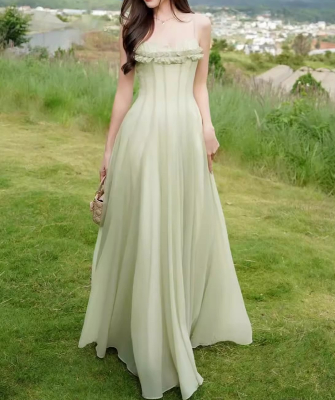 green suspender dress Summer Flowy Skirt Sleeveless A-line Beach Elegant Romantic Women's Maxi Dress For Holiday WHS26