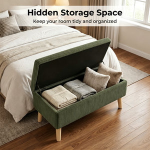 Panca contenitore in velluto a coste verde oliva, larga 32 pollici, con gambe in legno, coperchio ribaltabile e imbottitura morbida, per fondo letto - Product Image 3