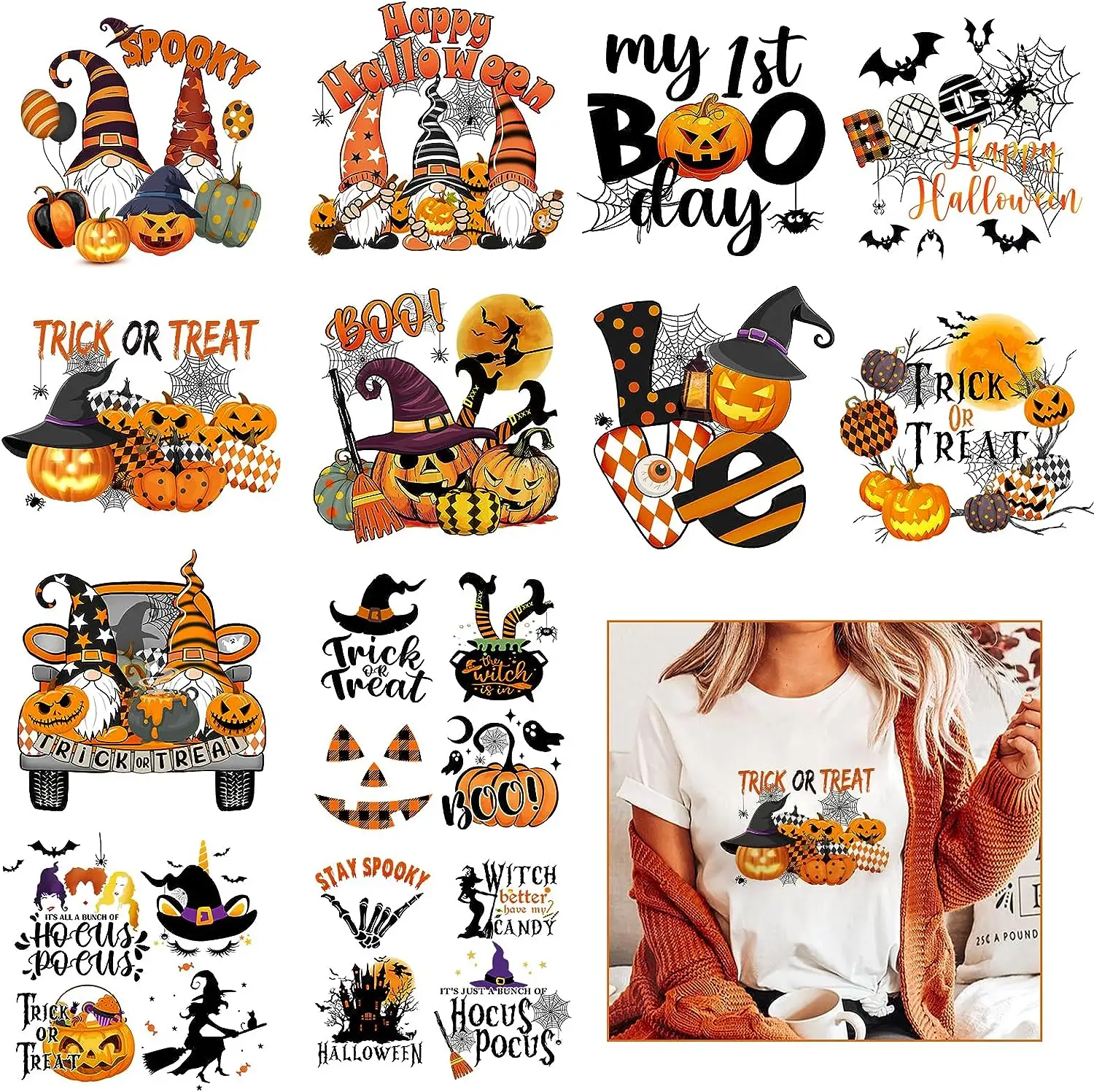 Halloween Iron on Stickers Heat Transfer Vinyl Pumpkin for T-Shirts Clothing Bags Backpacks DIY Decorations