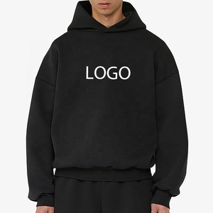Sweat à capuche oversize en coton vierge double couche, coupe boxy, épais, essentiel, 400-500 g/m², noir, coupe courte pour homme - Product Image 1