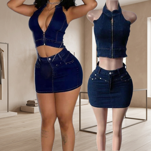 New Summer Streetwear Skinny <b>Denim</b> Spandex/Cotton <b>Stretch</b> Skirt Set CN88694 Hot-Selling Halter Neck Backless Slim-Fit Chemical - Product Image 3