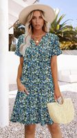 Gaun T-shirt longgar musim panas wanita gaun Boho kasual saku bermotif gaun Midi pantai liburan harian wanita