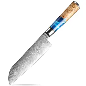 7 дюймов, нож санток из дамасской стали, лучший Острый кухонный поварский нож, синяя смола и натуральные инструменты для приготовления пищи