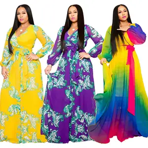 BR1073 Plus Size S-5XL V-hals Afrikaanse Moslim Islamitische Kleding Lange Mouw Maxi Jurk