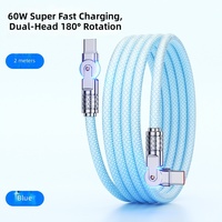 NOUVEAU Câble de données USB-C en alliage d'aluminium avec rotation à 180 degrés, charge rapide 100W 3A, tressé TPE/PVC/Nylon, Type C 2m, avec lumière LED pour ordinateur