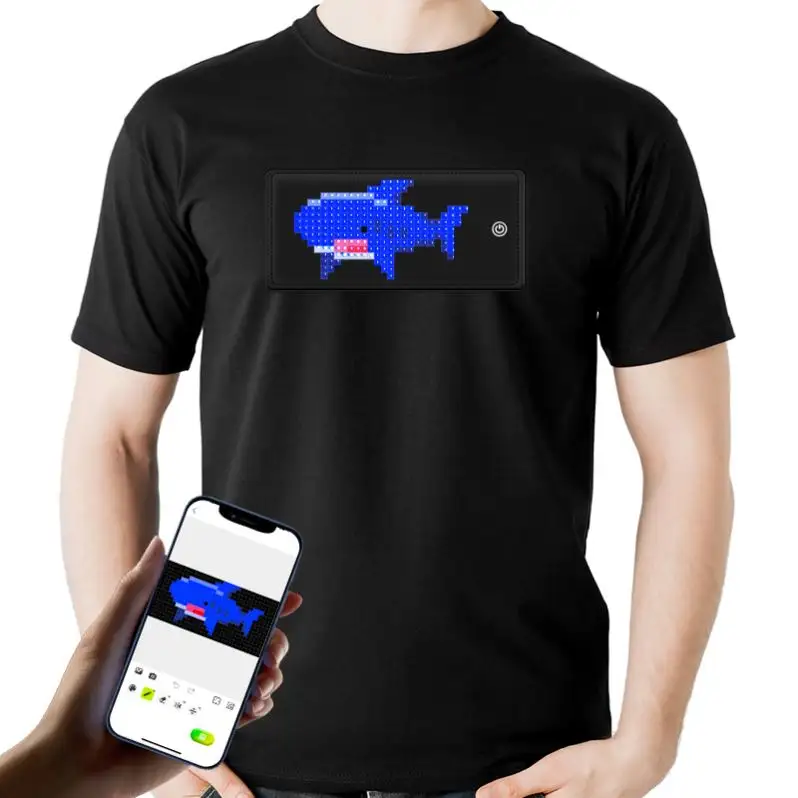 LED T Shirt aplikasi dapat diprogram disesuaikan pola teks animasi tampilan grafiti layar menyala kain bergulir T Shirt bersinar