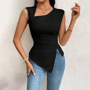 批发夏季女装不规则设计上衣性感无袖背心纯色斜领无袖上衣 - Product Image 5