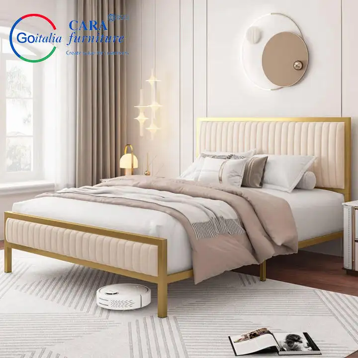 He-D6 Oem Comfortabel Duurzaam Metalen Platform Blauw Goud Groothandel Goedkope Queen Kingsize Bed Frame Luxe Hotelbed