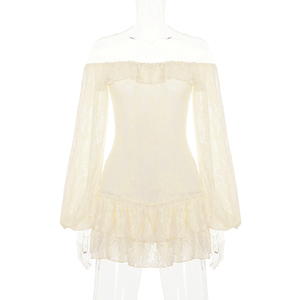 French Elegant Lace Patchwork Sheer <b>Lantern</b> Sleeve Off Shoulder Backless Tie Detail Pure Tiered Midi Dress for Women - Product Image 6