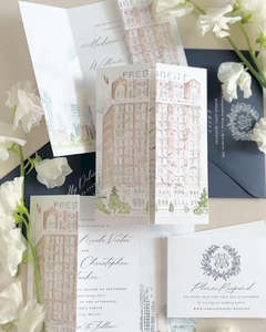 บัตรเชิญพับเก็บได้5 "<span class=keywords><strong>x</strong></span> 7" สำหรับงานแต่งงานสถานที่จัดงานสีน้ำแบบกำหนดเองด้วยตราประทับขี้ผึ้งริบบิ้นหรือผ้าคาดเอว - Product Image 5