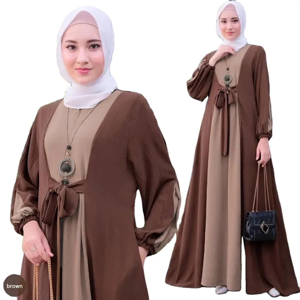 abaya women muslim dress 2023 dubai traditional muslim clothing&accessories Color matching long sleeve dress with waistband