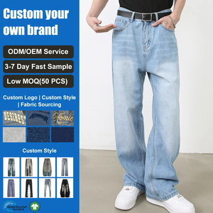Vaqueros de hombre de mezclilla azul claro con logo, de cintura alta, lavados, de talla grande, holgados y de pierna ancha - Product Image 1