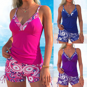 Conjunto de Traje de Baño Tankini con Estampado Floral, Tallas SMLXLXXL, Poliéster, Conservador, Cubre el Abdomen, Efecto Reductor - Product Image 1