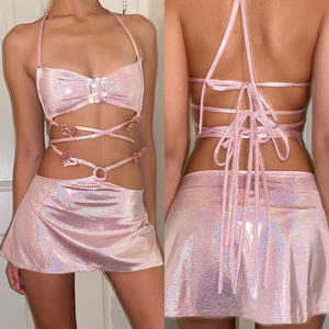 King Mcgreen Star 90S Rave tenues paillettes deux pièces ensemble à lacets paillettes dos nu licou hauts Mini jupe Y2K Clubwear Chic costumes - Product Image 4