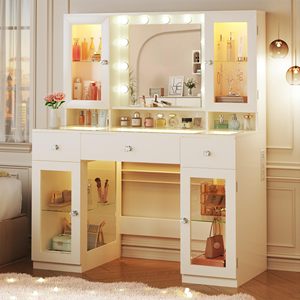 Tavolo da Trucco con Specchio e Luci, 4 Armadietti, Presa di Corrente e 3 Cassetti, Illuminazione a 3 Colori - Product Image 1