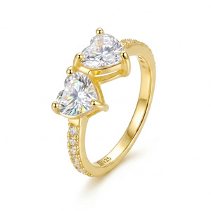 Bague de fiançailles en argent sterling S925 avec moissanite double cœur, tige pavée, bijou romantique, cadeau pour femmes - Product Image 1