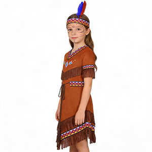 Costume d'Halloween pour enfants, style autochtone amérindien, inspiré de films et de séries télévisées, avec robe à manches courtes et col rond, ceinture et bandeau à pompons - Product Image 1