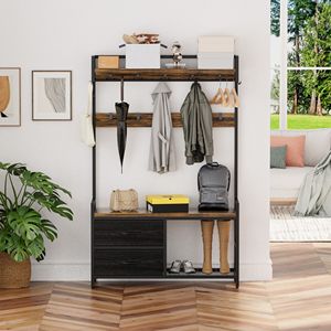 Hall Tree With 2 Drawers <b>Shoe</b> Storage Shelves Garment <b>Racks</b> 5 In 1 Entryway <b>Bench</b> 23 Hooks 33.1 Inch Wide - Product Image 3