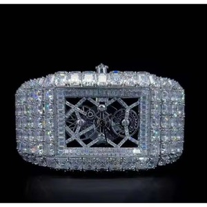 Reloj de Hombre con Diamantes Moissanite, Completamente Cubierto de Diamantes, Esfera de Acero Inoxidable, Diamantes Baguette, Oro Blanco, 42 mm - Product Image 2