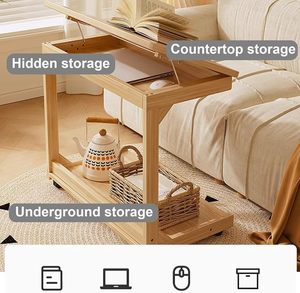 Vintage <b>Wood</b> Adjustable Movable with Wheels Table Multifunctional Sofa Coffee Side Table Portable Laptop <b>Desk</b> Stand - Product Image 5