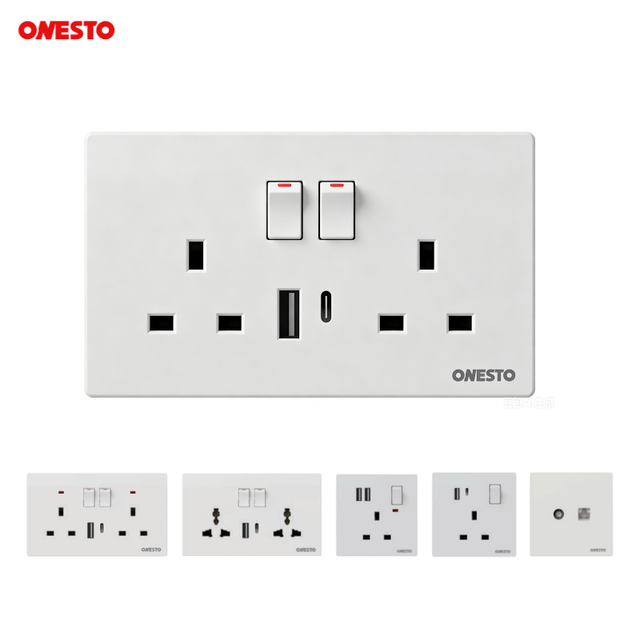 ONESTO Wall Double Gang Switched Socket 13A with Twin USB A+C Charger 2.4A BS Standard Sockets Switches