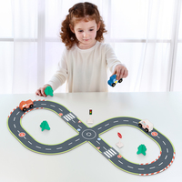 Juego de construcción de carreteras de Ciudad de madera para niños, juguetes de ranura para coche de carreras de vía férrea para niños