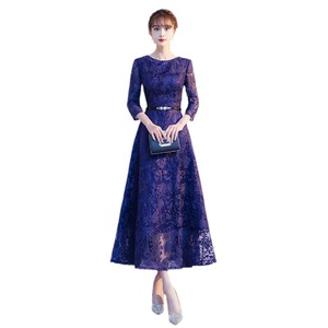 Blue Lace Evening Gown O-Neck 3/4 Sleeve Navy Blue Vintage Style For Banquet Wedding Mother Of Bride Dress - Product Image 5