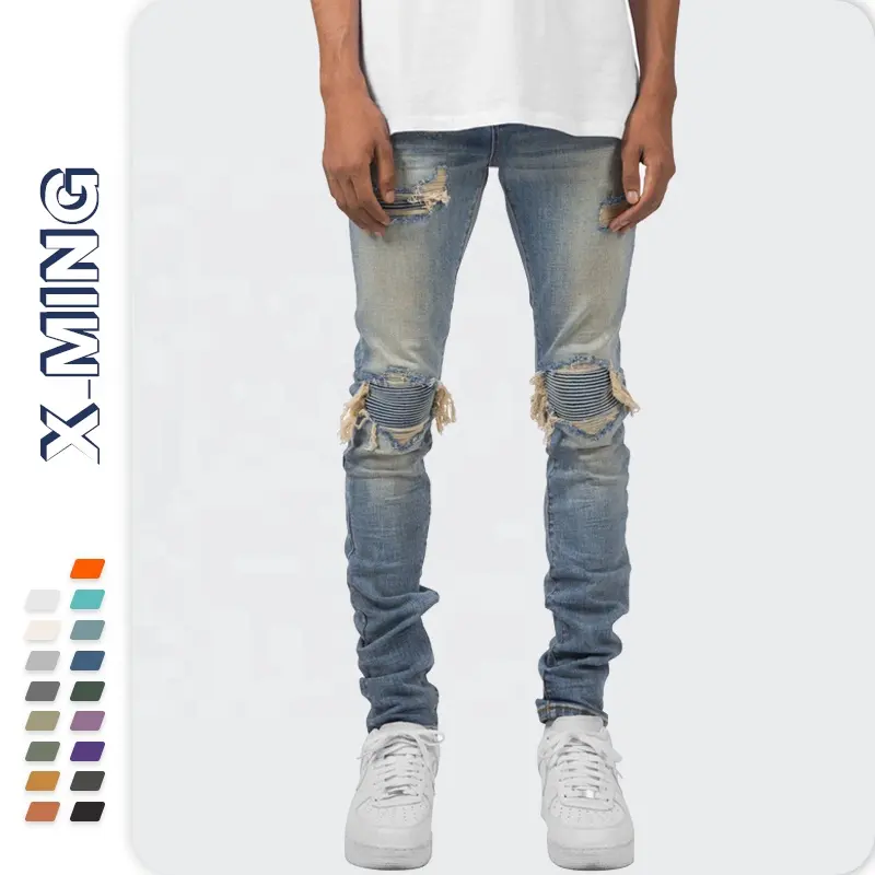 OEM Biker skinny jeans Streetwear Slim Fit Non-Ripped Mens Jeans Denim Distressed Skinny Pants Stretch Jeans para hombres