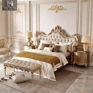 Juego de Muebles de Dormitorio de Lujo Francés con Cabecero de Cuero Genuino y Detalles Dorados, Estructura de Madera Sólida, Somier Silencioso y Cabecero Alto para el Hogar - Product Image 4